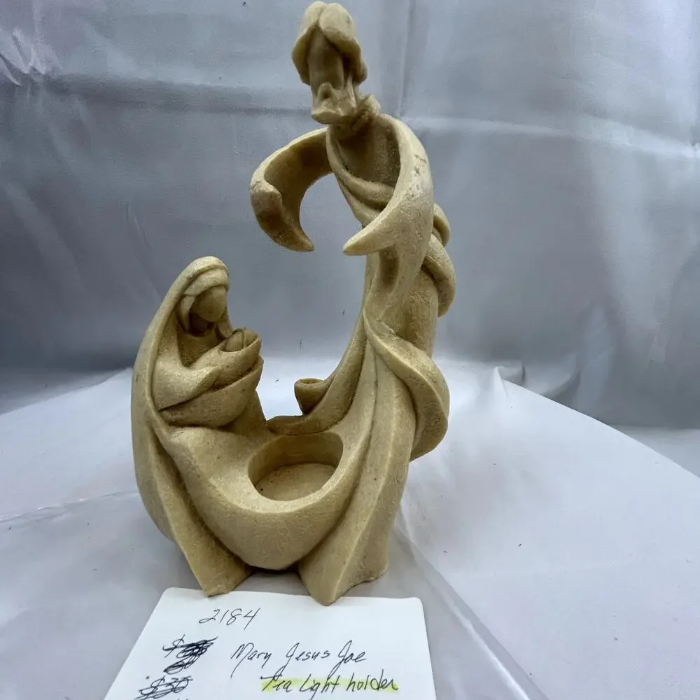 SKU2184 Holy Family Nativity Tea Light Candle Holder Mary Jesus Joseph Sandstone